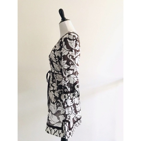 Bebe | Floral V-neck Tunic Size S Brown Silk Cotton Side Split Pullover Shirt - Picture 5 of 9